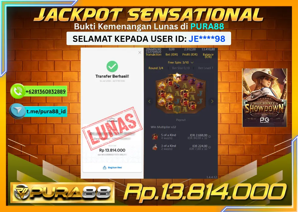 PURA88 JACKPOT WILD BOUNTY SHOWDOWN Rp 13.814.000,- LUNAS